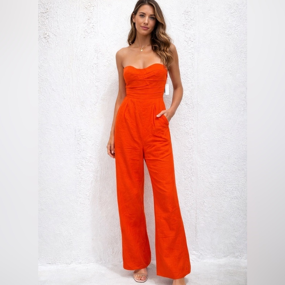 NWT SWEET LEMON linen blend Strapless Jumpsuit wedding guest summer Beachy S